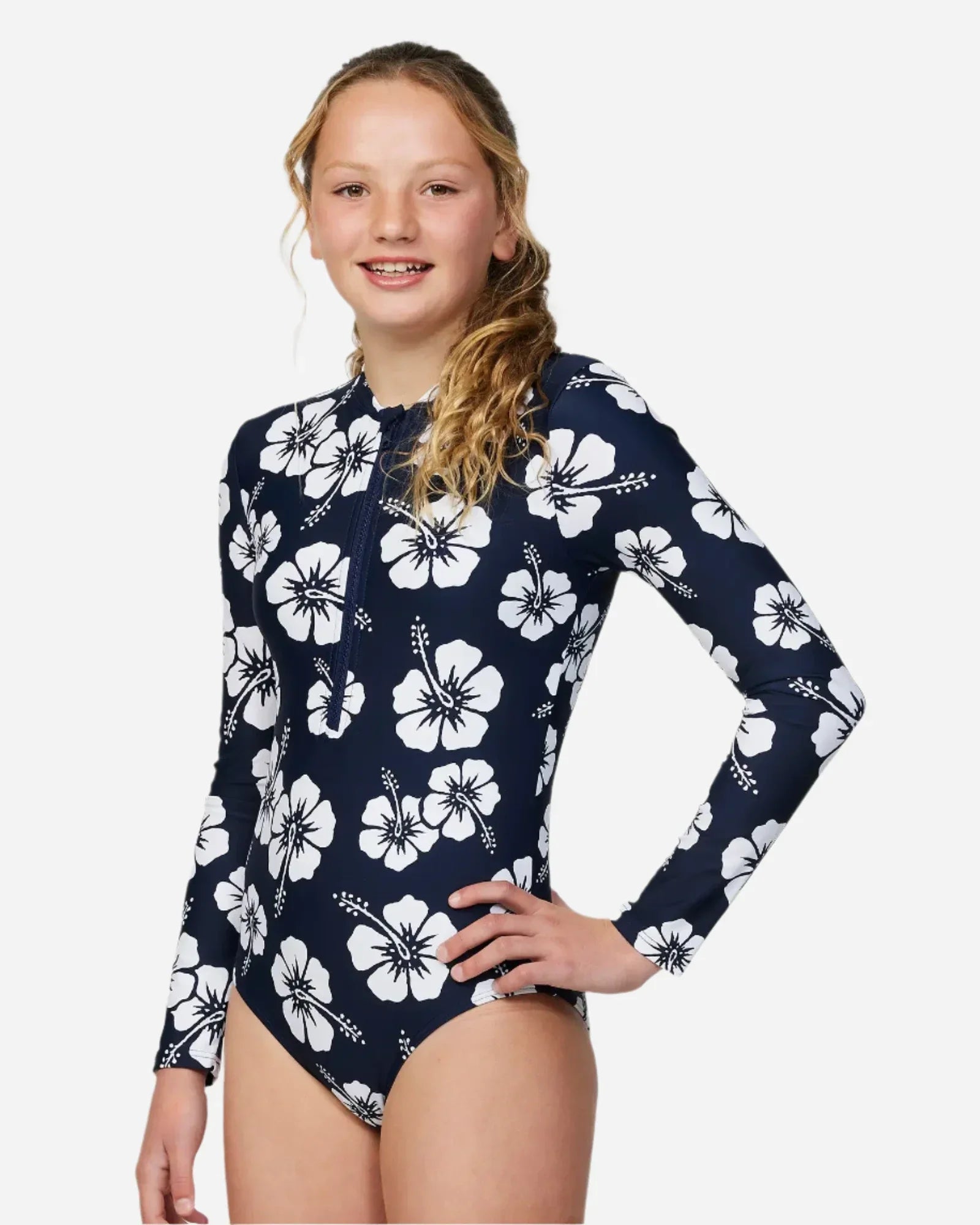Okanui Girls One Piece Long Sleeve Swimsuit Hibiscus Navy