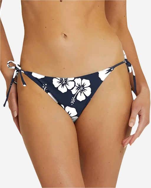 A tie side style bikini bottom in navy blue showing the front details. 