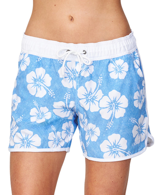 Retro classic boardshort in hibiscus washed blue.