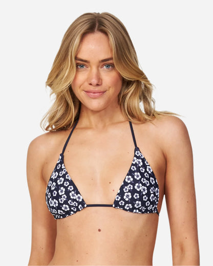 A woman wearing a triangle bikini top in navy blue, showing the front details. 