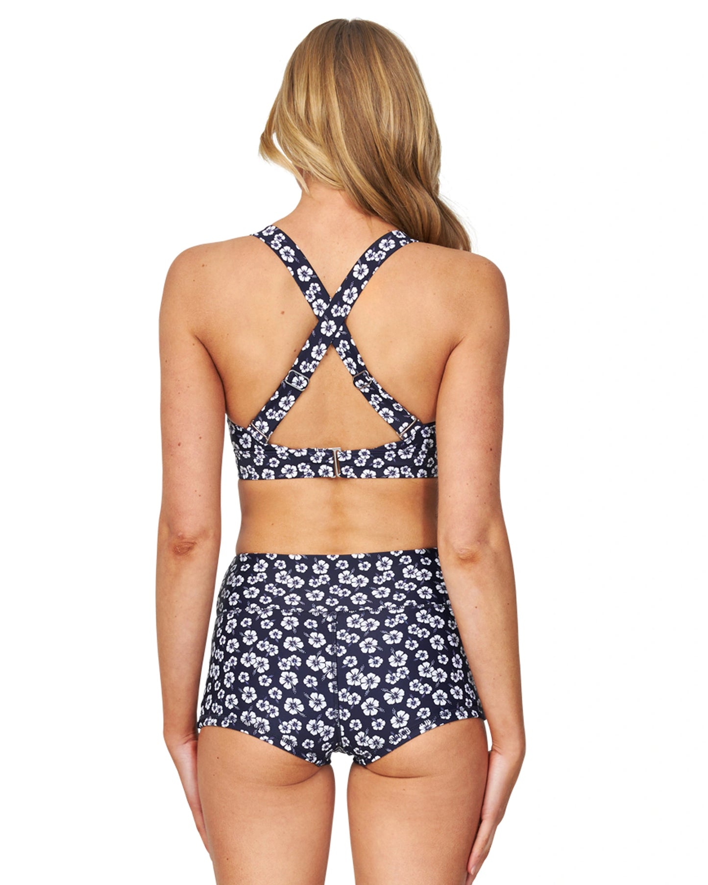 Okanui crop bikini top showing the adjustable and crossover straps. 