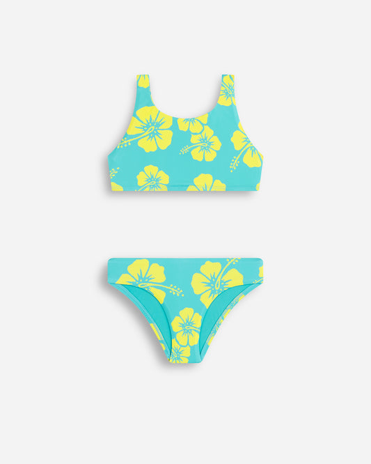 Girls - Swim Bikini Set - Crop Bikini Set - Hibiscus Aqua Yellow