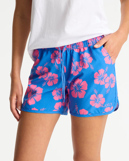 Womens - Swim Short - Classic Swim Short - Hibiscus Duo - Blue Pink