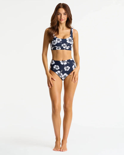 High Waist Bikini Bottom - Hibiscus Navy