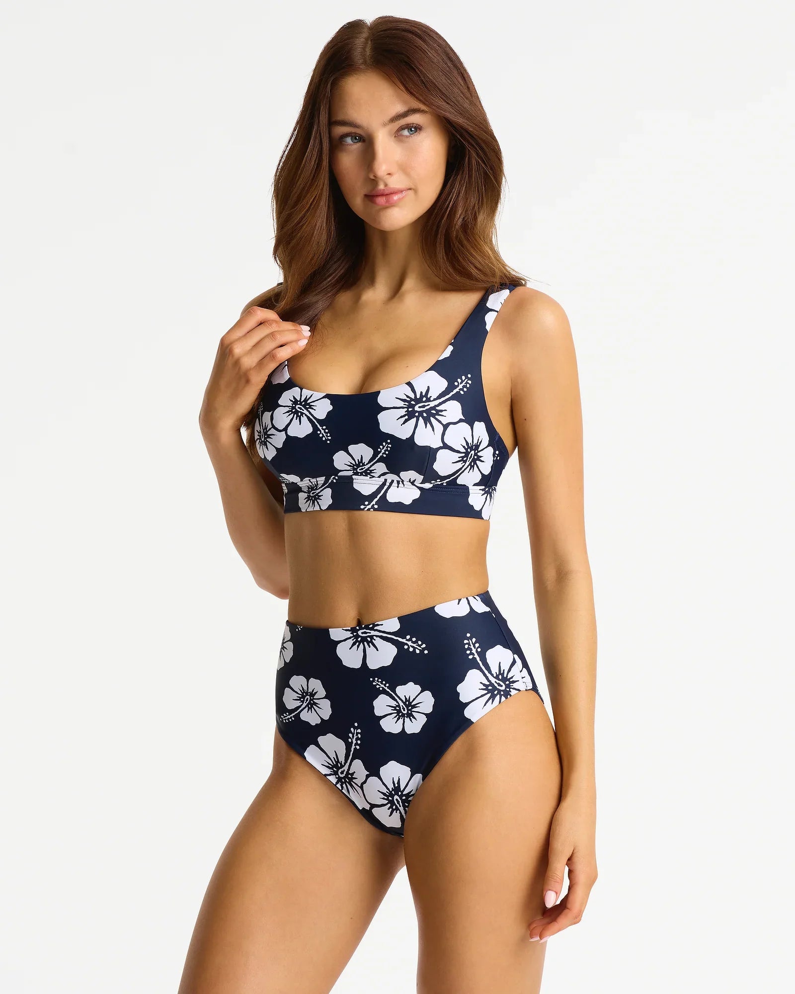 Okanui Womens High Cut Bikini Bottom Swimsuit Hibiscus Navy