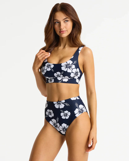 High Waist Bikini Bottom - Hibiscus Navy