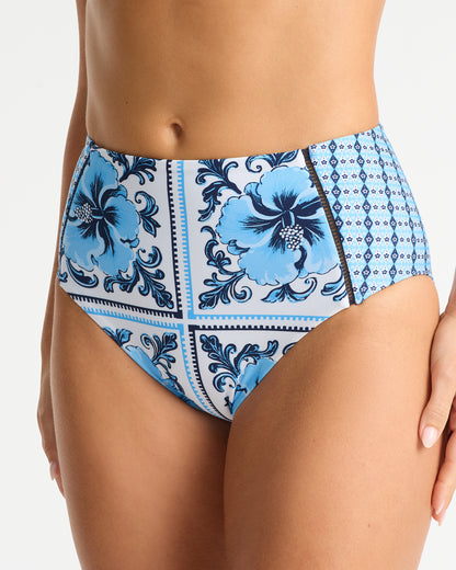 Shelly High Waist Bikini Bottom - White Blue