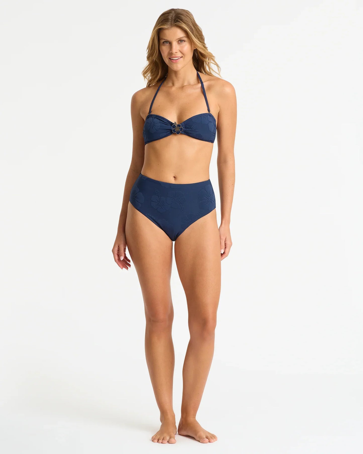 Lagoon High Waist Bikini Bottom - Jacquard Hibiscus Navy