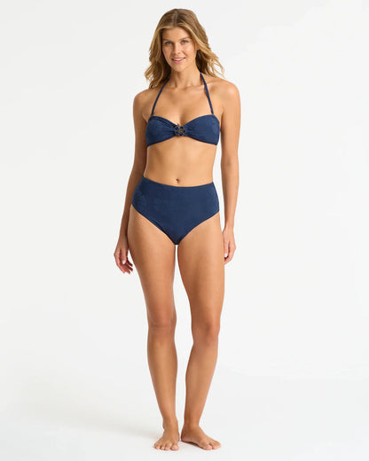 Lagoon High Waist Bikini Bottom - Jacquard Hibiscus Navy