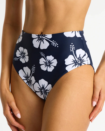 High Waist Bikini Bottom - Hibiscus Navy