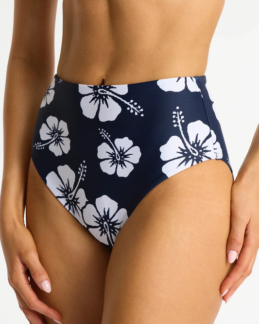 High Waist Bikini Bottom - Hibiscus Navy