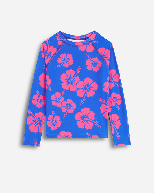 Girls - Swim Long Sleeve Rashie - Hibiscus Duo - Blue Pink