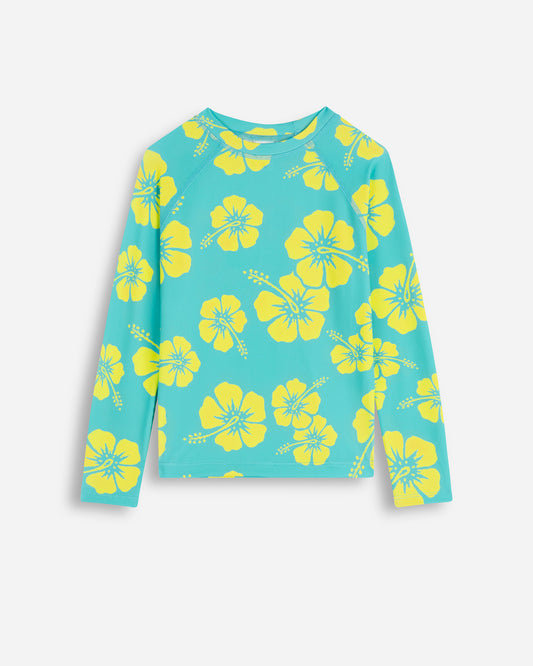 Girls - Swim Long Sleeve Rashie - Hibiscus Aqua Yellow