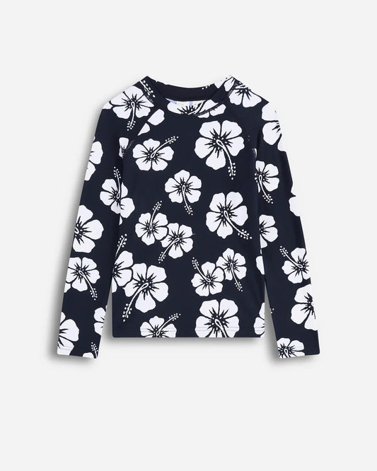 Girls Long Sleeve Rashie - Hibiscus Navy