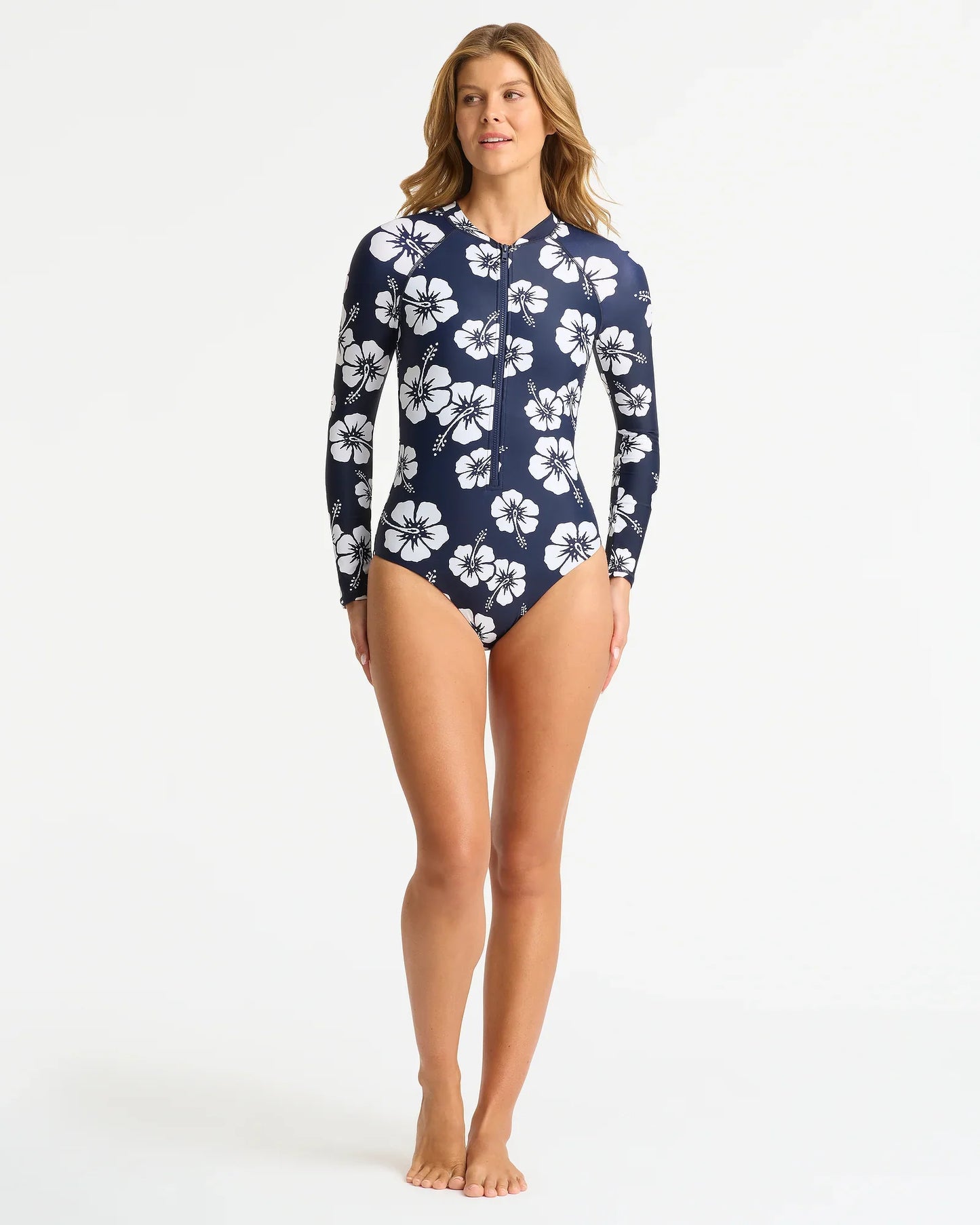 Womens Long Sleeve Swim Suit - Hibiscus Navy