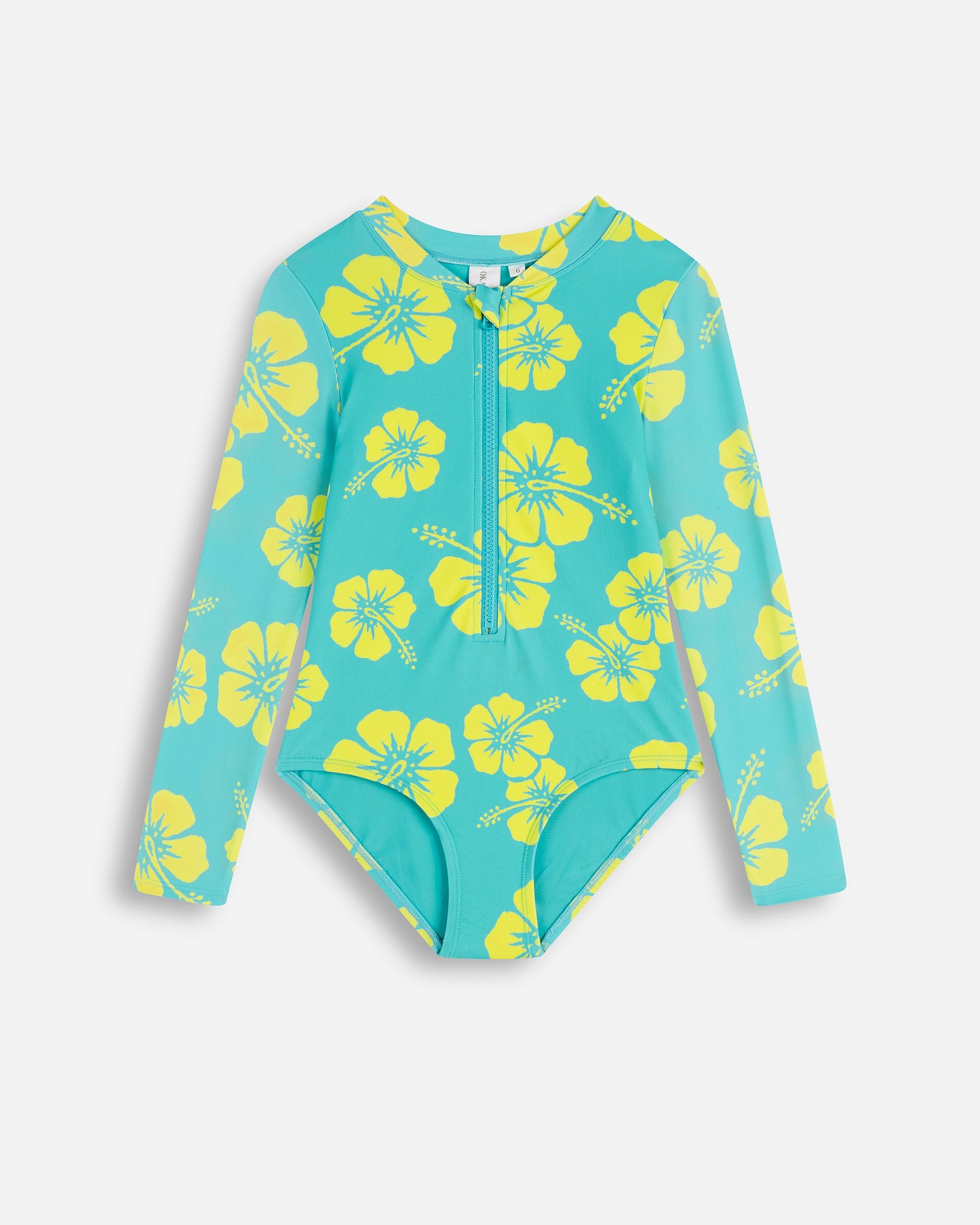 Girls - Swim One Piece - Long Sleeve - Hibiscus Aqua Yellow