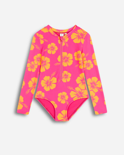 Girls - Swim One Piece - Long Sleeve - Hibiscus Melon Pink