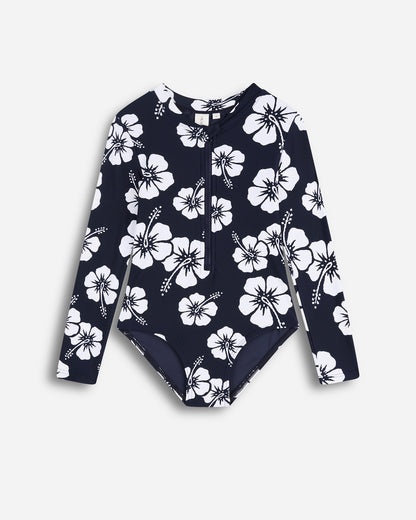 Girls - Swim One Piece - Long Sleeve - Hibiscus Navy