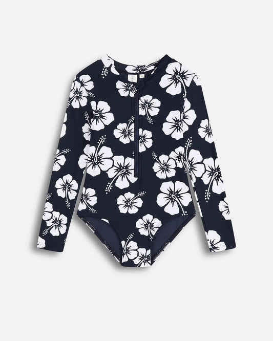 Girls Long Sleeve Suit - Hibiscus Navy