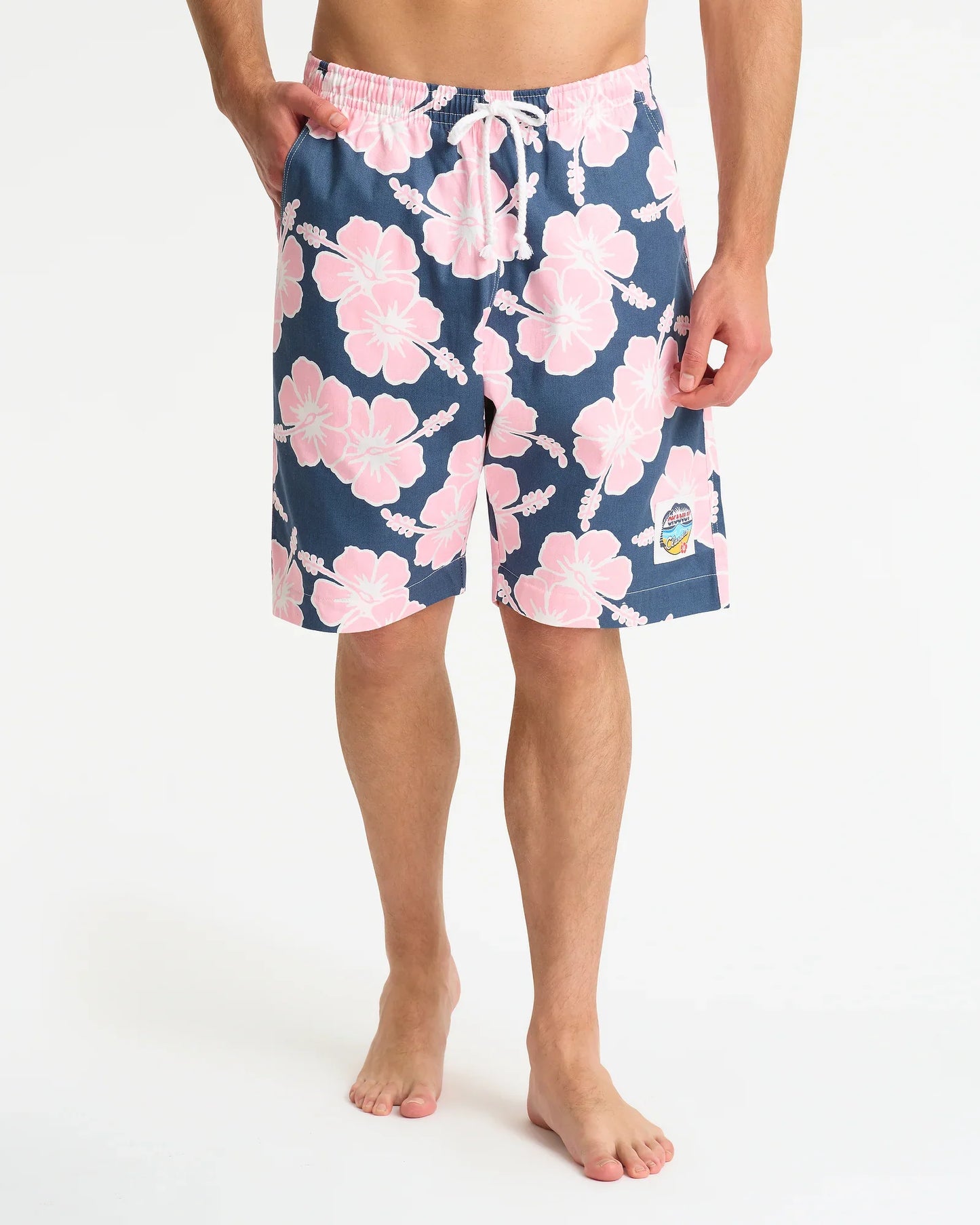 Mens Classic Shorts - Hibiscus Tri Colour-Steel Pink White