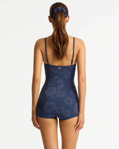 Active Shorty Suit - Tonal Hibiscus Navy