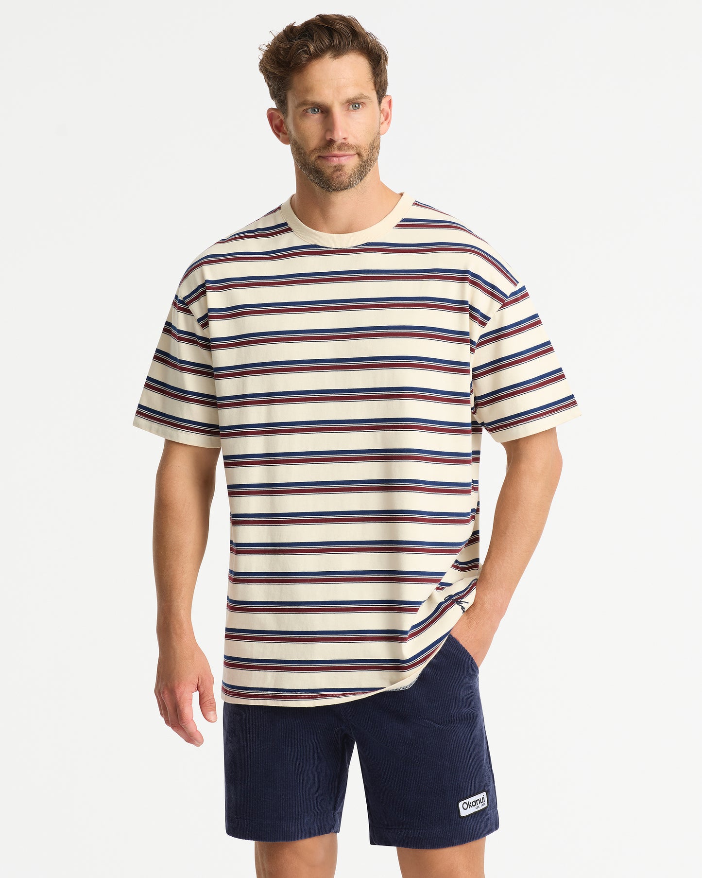 Mens Boxy Stripe T'Shirt - Stone Multi