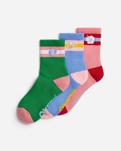 Womens 2 Tone Mid 3 Pk Socks - Blush Azure Emerald