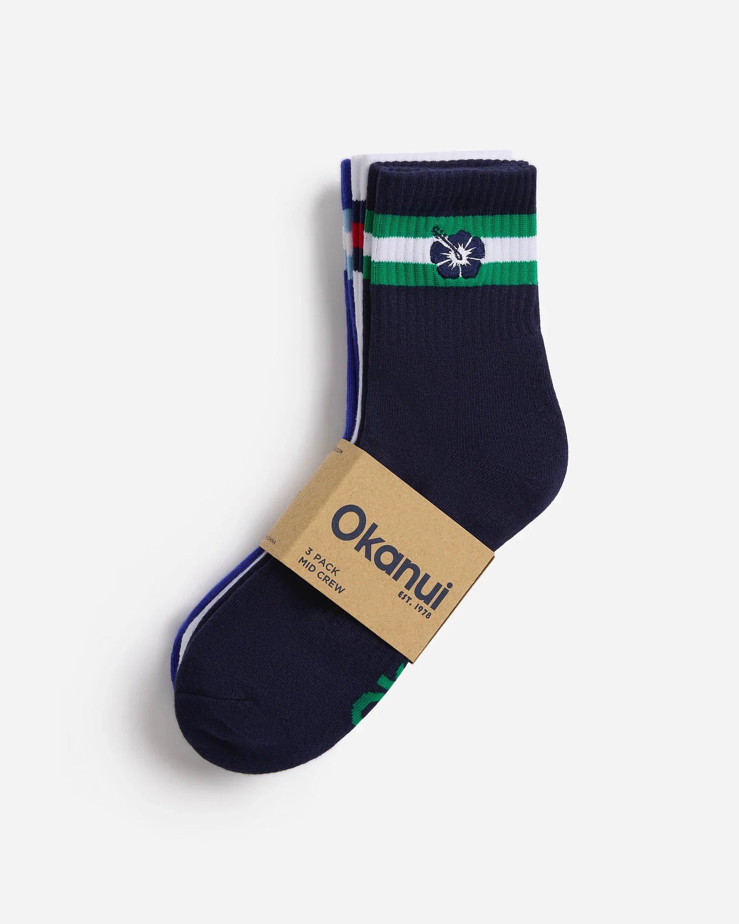 Mens Stripe Mid 3 Pk Socks - Indigo White Navy