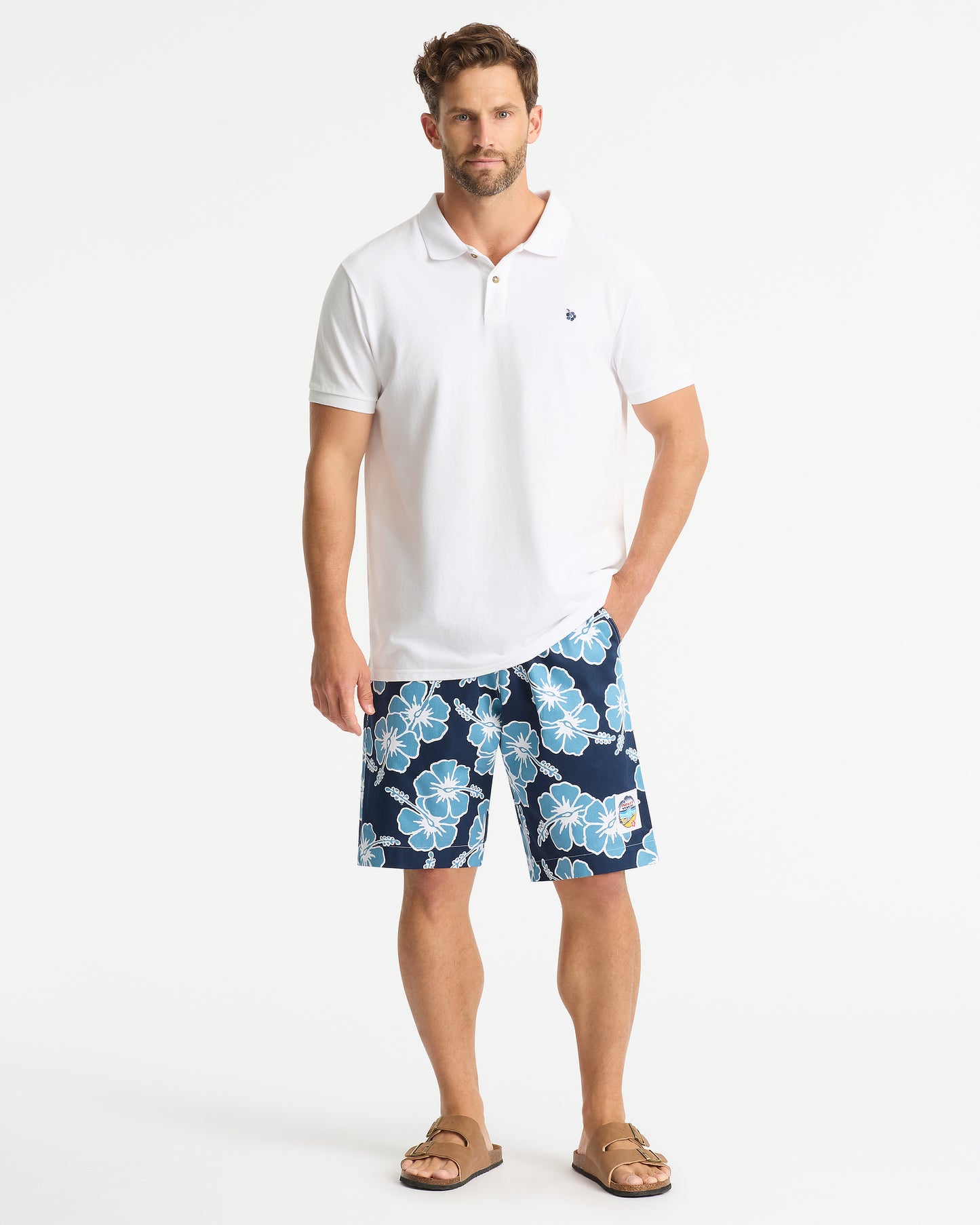 Mens Classic Shorts - Hibiscus Tri Colour - Navy Petrol White