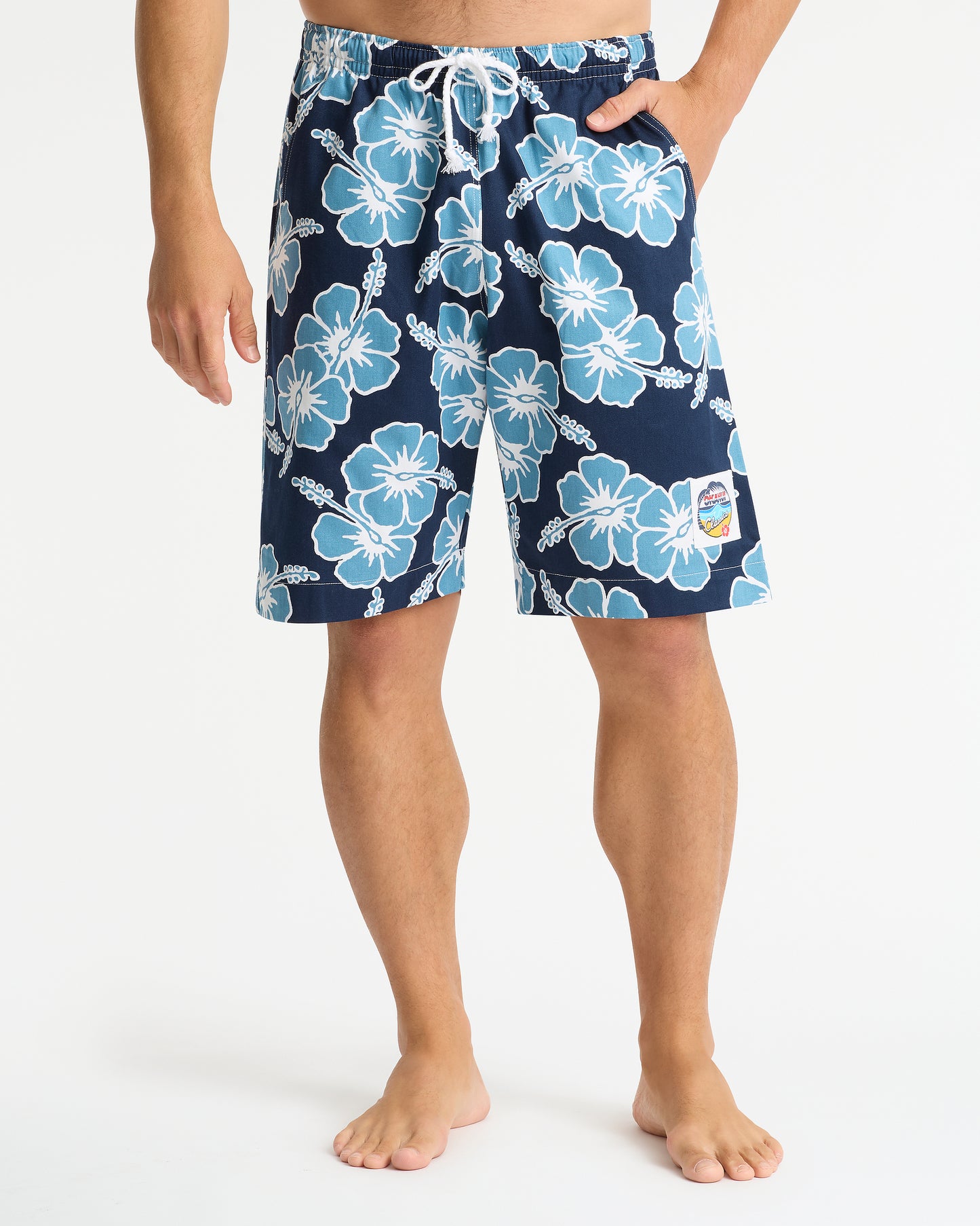 Mens Classic Shorts - Hibiscus Tri Colour - Navy Petrol White