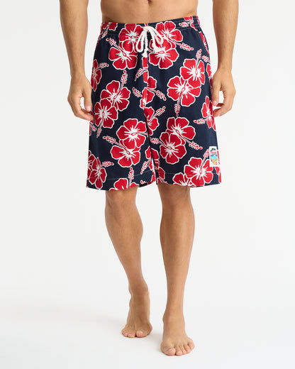 Mens - Classic Shorts - Hibiscus Tri Colour - Navy Red White