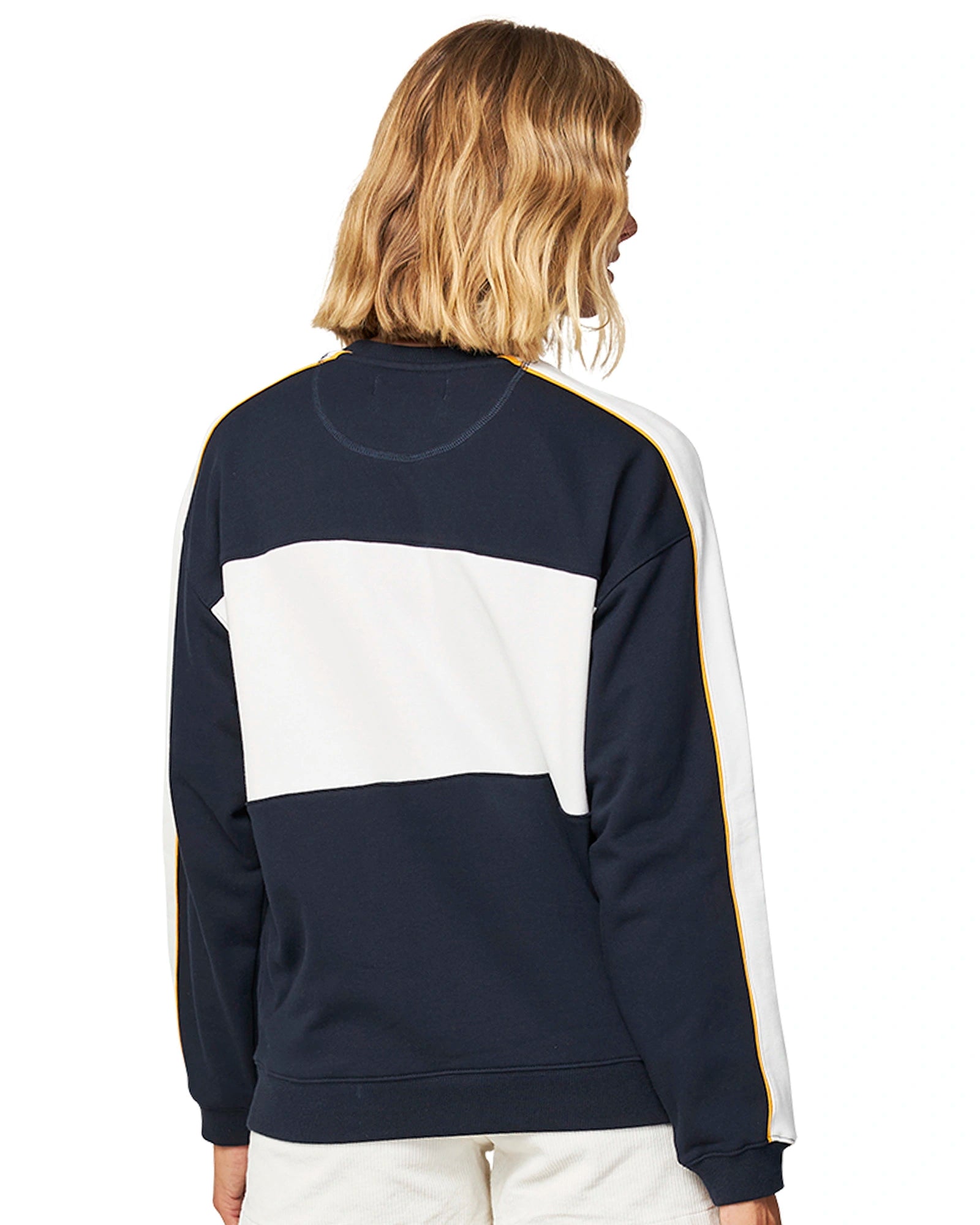 Womens sweater in white and navy, blue-colored showing tha back part. 