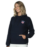 Women's navy blue fleece hoodie with drawstring.