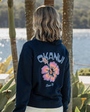 Womens fleece hoodie in navy blue color with Okanui logo in the back. 