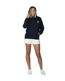 Women's navy-blue fleece hoodie with Okanui logo and hibiscus flower in the left side. 