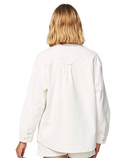 Womens jacket in plain white color showing the back lining. 