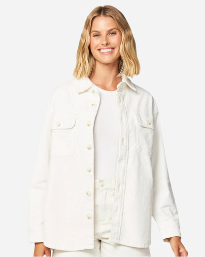 Womens jacket in plain white color with white tshirt inside. 