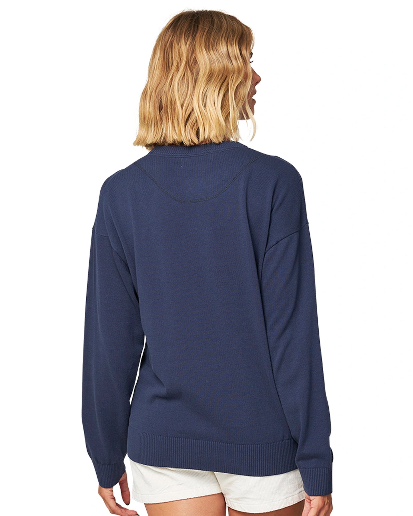 Close up back view of the Okanui waffle knit jumpers in navy color