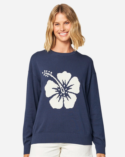 Front view of the Okanui waffle knit jumper in navy color