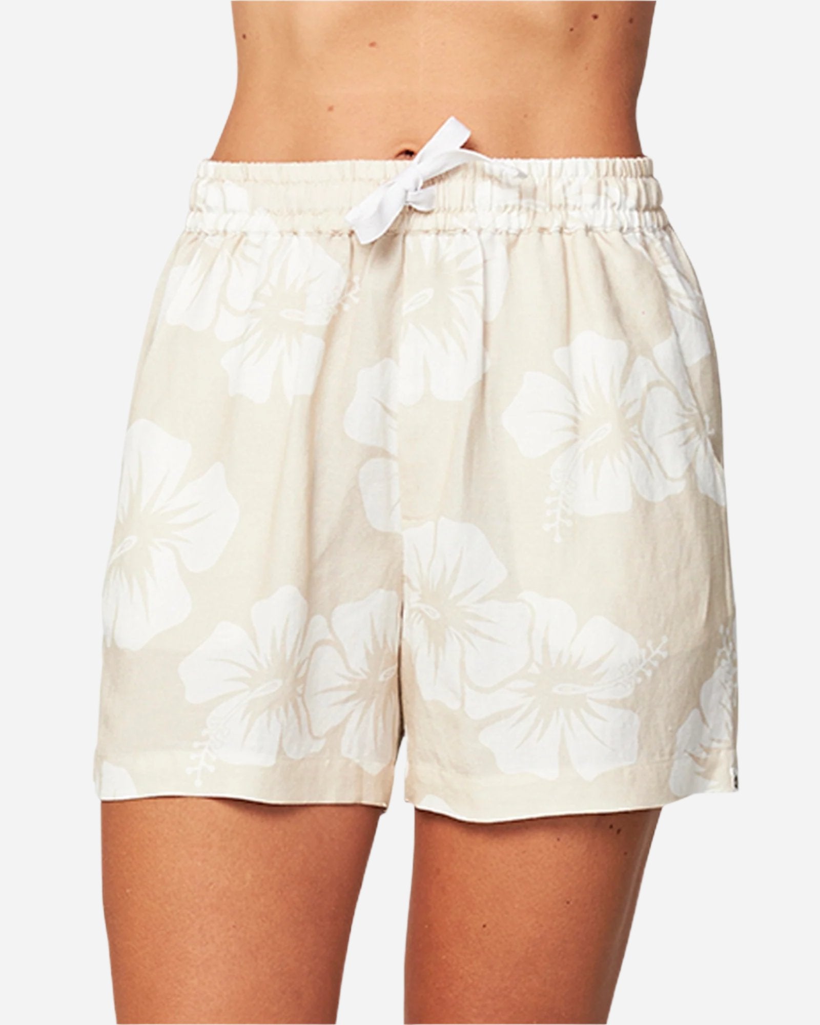 Front view of the Okanui OG Paradise beach linen swim shorts in Hibiscus Natural color