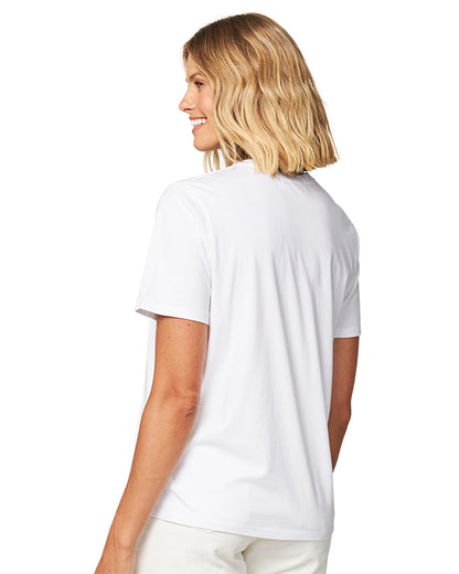 Left side view of a female model wearing the Okanui Waterways cotton T-shirt in White color