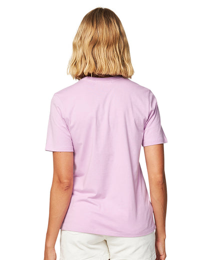 Close up back view of a female model wearing the Okanui Signature cotton T-shirt in Washed Lilac