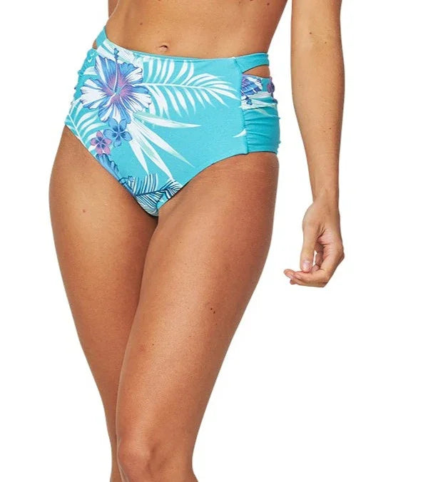 Womens - Swim Bottom - High Waist Bikini - Hallie - Tropical Hibiscus Aqua