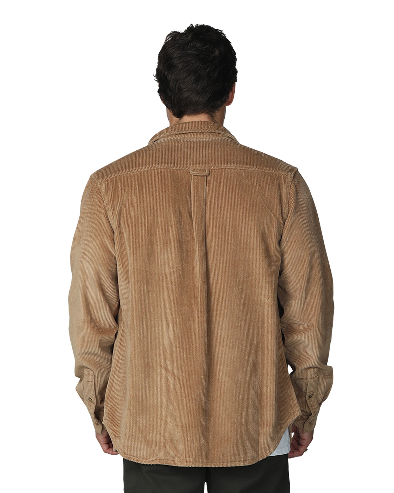 Back view of a male model wearing the Okanui Mens long sleeve corduroy jacket in sand