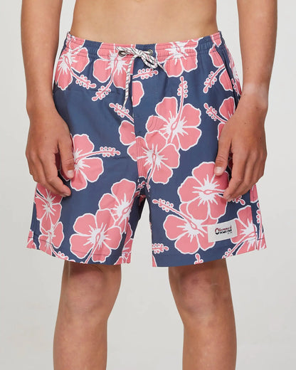 Front view of a boy model wearing the Okanui Way Back When Stretch Swim Short for Boys in Iron Pink