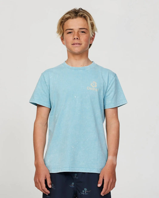 Closeup front view of a boy model wearing the Okanui Curiosity T-shirt for boys in Seafoam