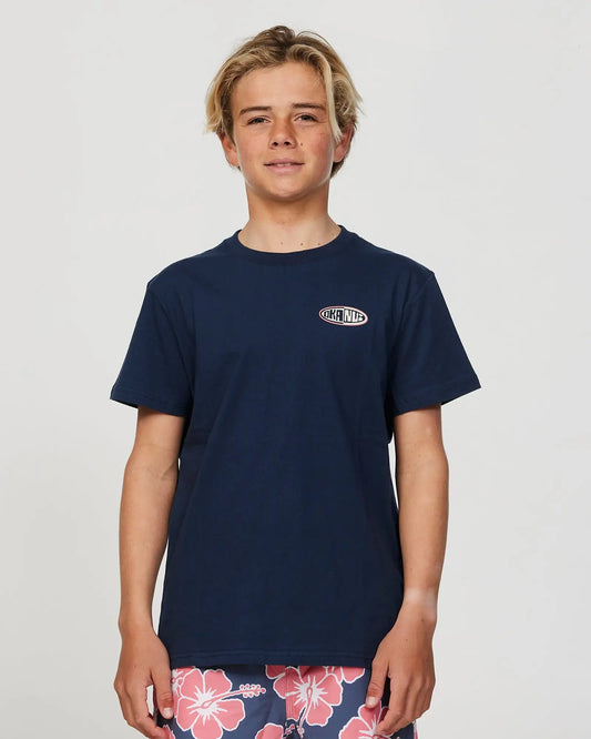 Front view of a boy wearing the Okanui Desch T-shirt for boys in Navy