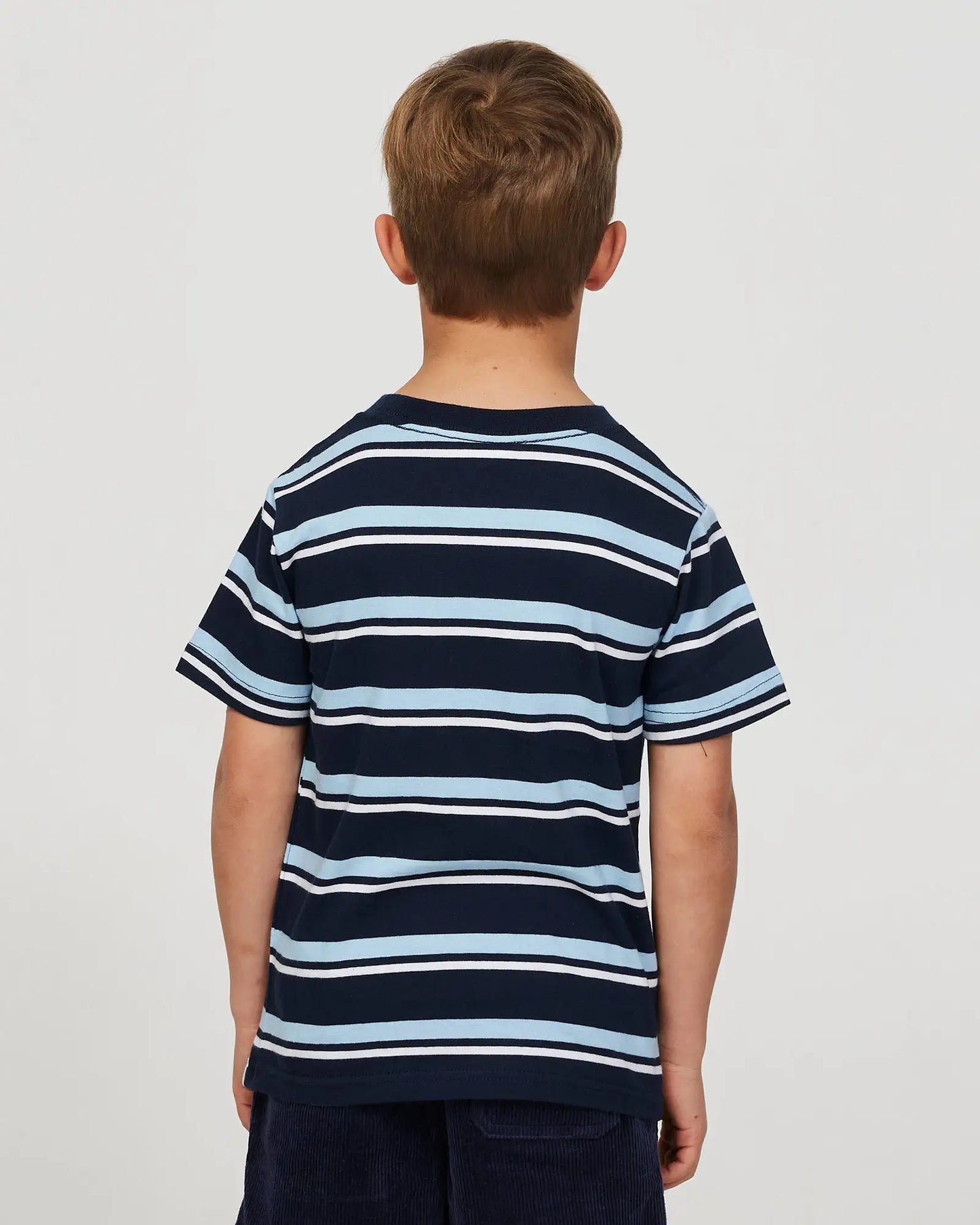 Closeup back view of a little bo wearing the Okanui Staple Stripe T-shirt for boys in Navy Multi