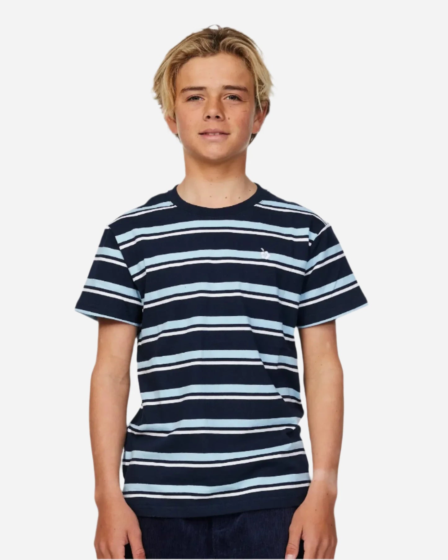 Closeup front view of a boy model wearing the Okanui Staple Stripe T-shirt for boys in Navy Multi