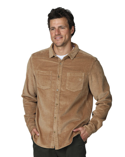 Close up front view of a male model wearing the Okanui Mens long sleeve corduroy jacket in sand